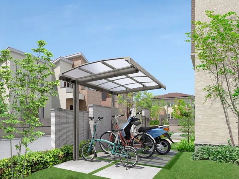 LIXIL　フーゴAミニ【外構エクステリア商品】|LIXIL　駐輪場　モダン　 おしゃれ　エクステリア　愛知・名古屋の外構専門店パートナーホームのエクステリア　製品一覧　サイクルポート フーゴパーク　フーゴAミニ　18-29型 施工例 シャイングレー 屋根材 クリアマット|パートナーホーム
