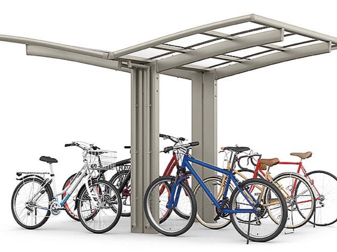 LIXIL　駐輪場　モダン　 おしゃれ　エクステリア　愛知・名古屋の外構専門店パートナーホームのエクステリア　製品一覧　サイクルポート フーゴパーク　フーゴR1500ミニ　Y合掌　18･18-29型　ｼｬｲﾝｸﾞﾚｰ（屋根材ｸﾘｱﾏｯﾄ）|パートナーホーム