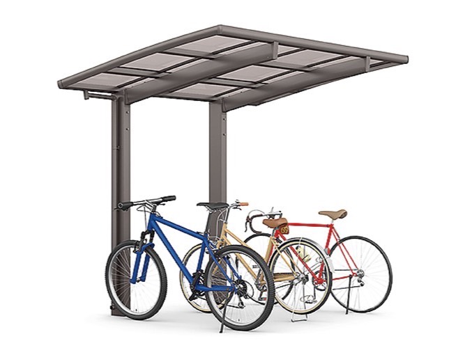 LIXIL　駐輪場　モダン　 おしゃれ　エクステリア　愛知・名古屋の外構専門店パートナーホームのエクステリア　製品一覧　サイクルポート フーゴパーク　フーゴR1500ミニ　オータムブラウン（屋根材：クリアブラウン）|パートナーホーム