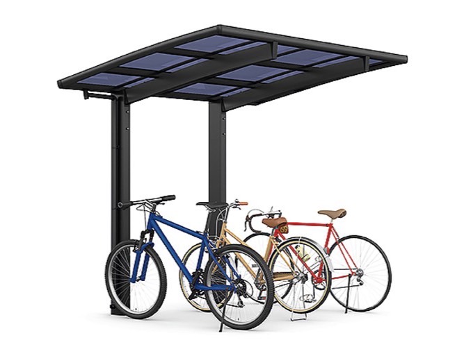 LIXIL　駐輪場　モダン　 おしゃれ　エクステリア　愛知・名古屋の外構専門店パートナーホームのエクステリア　製品一覧　サイクルポート フーゴパーク　フーゴR1500ミニ　ブラック（屋根材：クリアブルー）|パートナーホーム