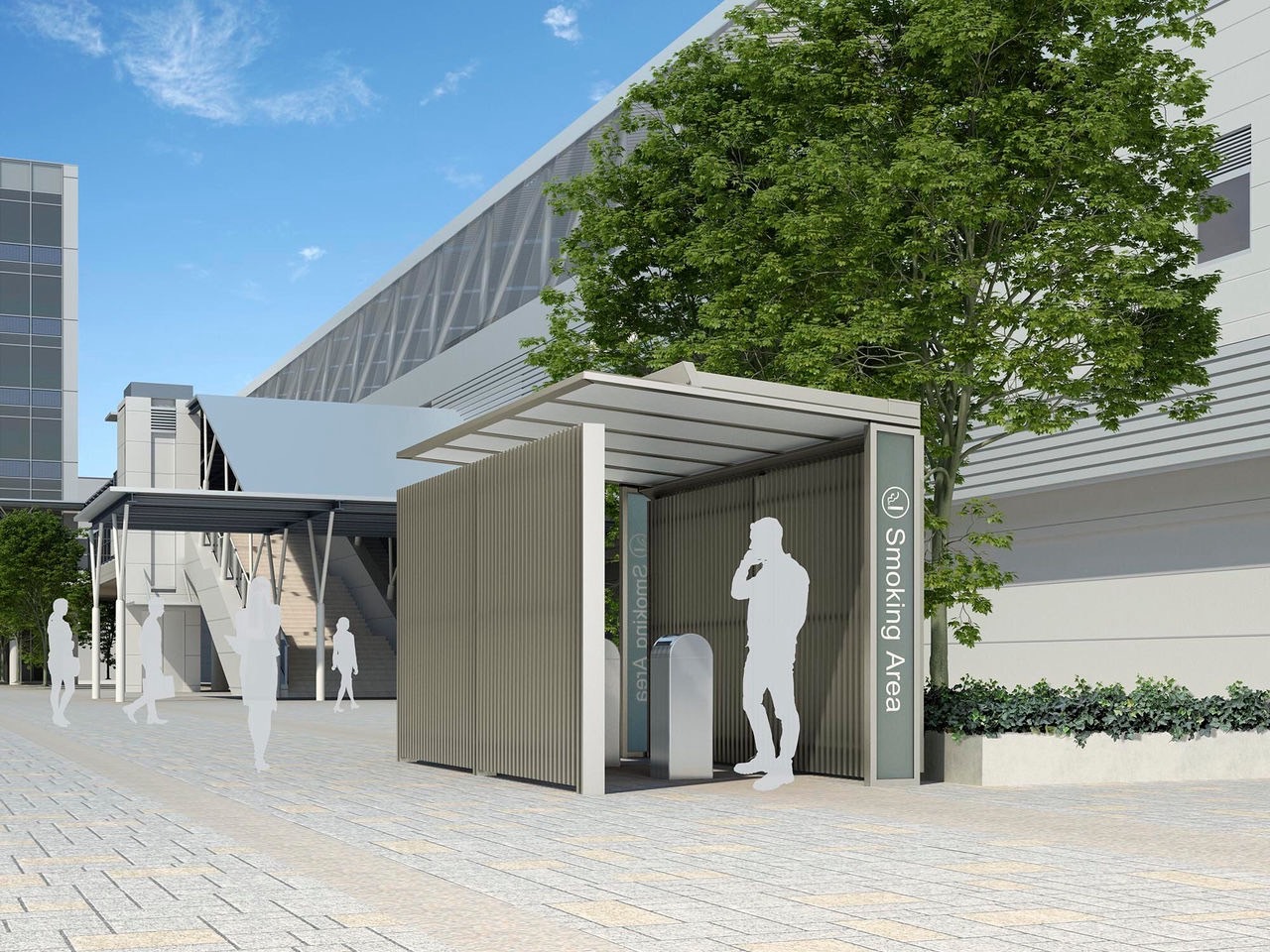 LIXIL　駐輪場　モダン　 おしゃれ　エクステリア　愛知・名古屋の外構専門店パートナーホームのエクステリア　製品一覧　ハイブリッドルーフ HBR-HA　【駅前の喫煙所に】スクリーンフェンスをコーディネートすれば、オープンエリアにセミクローズドなスペースをつくれます。サインパネルを取り付ければ、喫煙スペースの認知度を高められます。|パートナーホーム