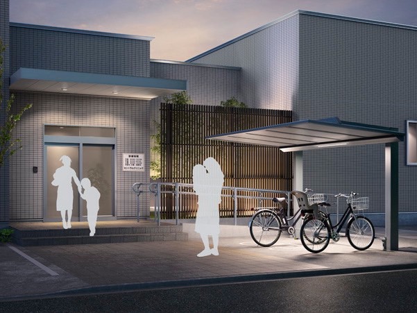 LIXIL　駐輪場　モダン　 おしゃれ　エクステリア　愛知・名古屋の外構専門店パートナーホームのエクステリア　製品一覧　ハイブリッドルーフ HBR-HA　【クリニックの駐輪スペースに】一体型の照明なので、デザインを損なわずに夕方や夜でも明るく、安心して駐輪できます。また、照明は直接照明と間接照明から選べるので、建物の雰囲気に合わせることができます。|パートナーホーム