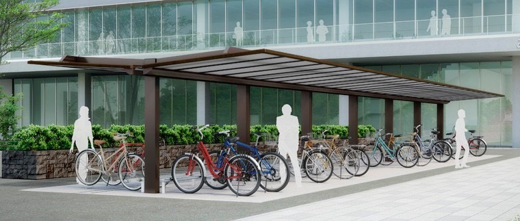 LIXIL　駐輪場　モダン　 おしゃれ　エクステリア　愛知・名古屋の外構専門店パートナーホームのエクステリア　製品一覧　ハイブリッドルーフ HBR-HA　【役所の駐輪場に】柱が中央にあるY合掌タイプは、すっきりとしたデザイン。そのため限られたスペースで、広い駐輪エリアを確保できます。|パートナーホーム