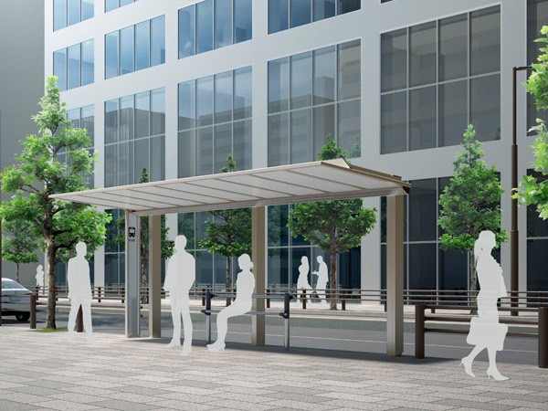 LIXIL　駐輪場　モダン　 おしゃれ　エクステリア　愛知・名古屋の外構専門店パートナーホームのエクステリア　製品一覧　ハイブリッドルーフ HBR-HA　【バス停に】シンプルかつスマートなデザインは景観を邪魔せず、すっきりとした印象を与えてくれます。|パートナーホーム