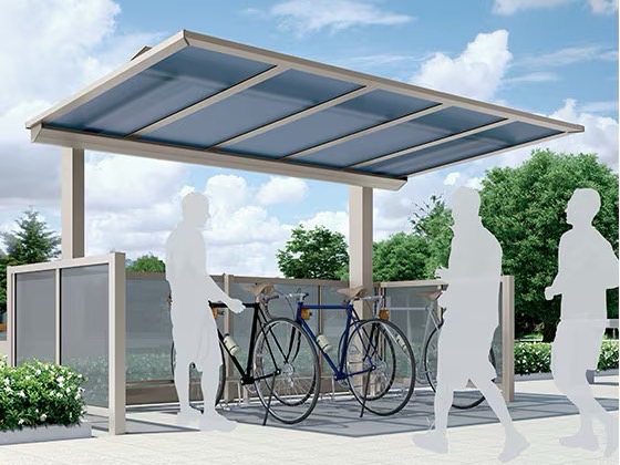 LIXIL　駐輪場　モダン　 おしゃれ　エクステリア　愛知・名古屋の外構専門店パートナーホームのエクステリア　製品一覧　ハイブリッドルーフ HBR-HA　Bicycle Parking 自転車置場に屋根を設置することで、紫外線や風雨から守ります。 また、バイク駐車や2段式ラックに対応するサイズを用意しています。 背面・側面パネルをプラスすれば自転車やバイクを風雨から守ります。|パートナーホーム