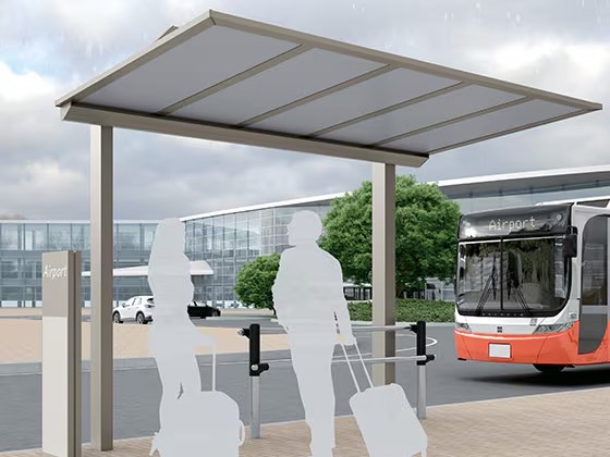 LIXIL　駐輪場　モダン　 おしゃれ　エクステリア　愛知・名古屋の外構専門店パートナーホームのエクステリア　製品一覧　ハイブリッドルーフ HBR-HA　Bus Stop 桁下高さ2,600mmで、バスの乗降に対応可能です。 サインパネルはバス停としての目印のほか、情報をシンプルに伝えることができます。|パートナーホーム