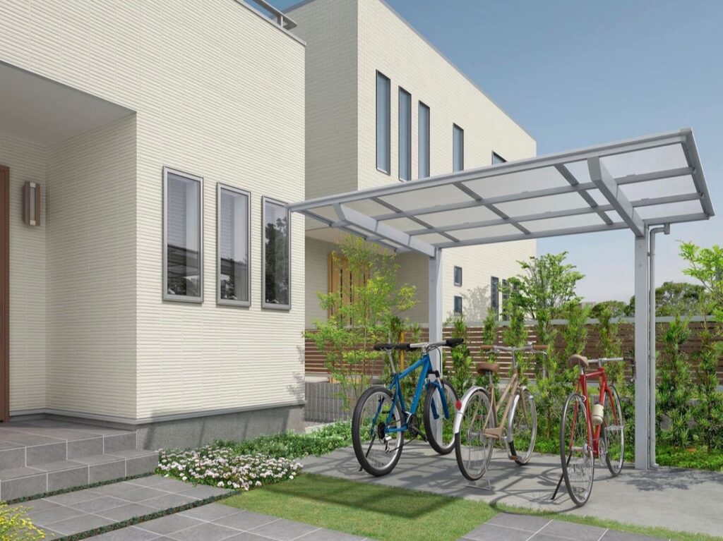 LIXIL　ネスカFミニ【外構エクステリア商品】LIXIL　駐輪場　モダン　 おしゃれ　エクステリア　愛知・名古屋の外構専門店パートナーホームのエクステリア　製品一覧　ネスカFミニ　18-29型　施工例　ﾅﾁｭﾗﾙｼﾙﾊﾞｰ（屋根材ｸﾘｱﾏｯﾄ）|パートナーホーム