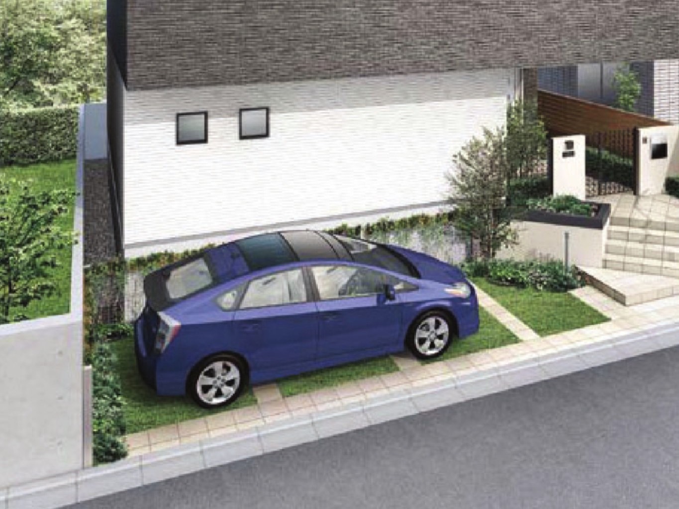 LIXIL　雨水　芝生カースペース　うち水　水やり　エコ　モダン　 おしゃれ　エクステリア　愛知・名古屋の外構専門店パートナーホームのエクステリア　製品一覧　エコリス 緑化ベース　戸建て駐車スペースへの施工例|パートナーホーム