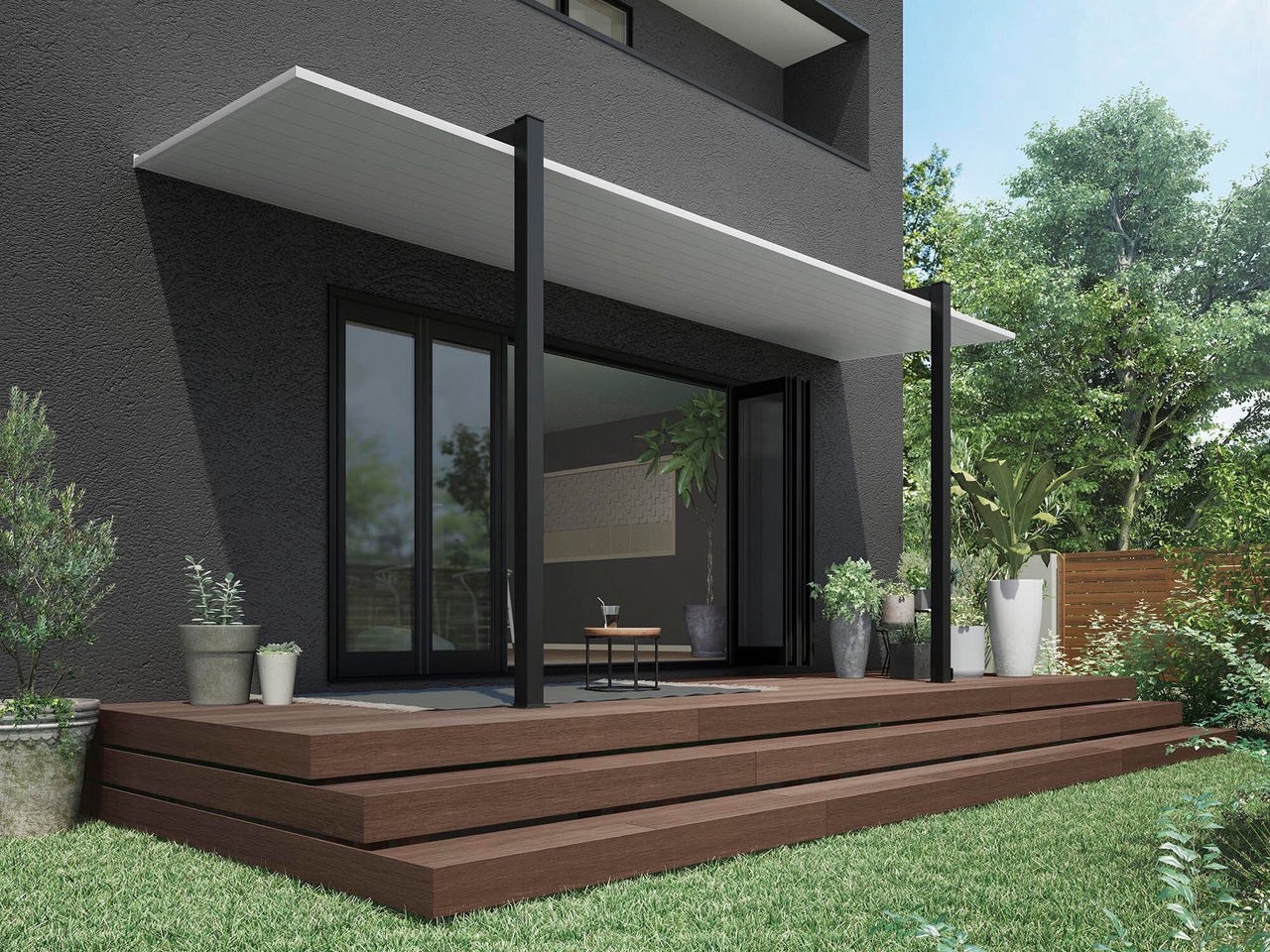 LIXIL　ガーデンスペース　サンルーム　軒下　縁側　　モダン　 おしゃれ　エクステリア　愛知・名古屋の外構専門店パートナーホームのエクステリア　製品一覧　テラスSC　壁付タイプ　1階設置のテラスタイプとバルコニー設置の造り付けバルコニー用屋根タイプをラインアップ。|パートナーホーム