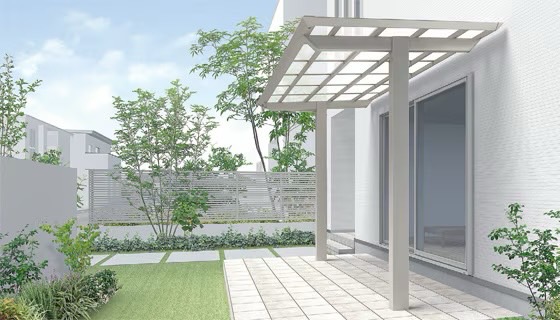 LIXIL　サンルーム　軒下　縁側　洗濯物　モダン　 おしゃれ　エクステリア　愛知・名古屋の外構専門店パートナーホームのエクステリア　製品一覧　テラスVB　視界が広がる柱位置 視界が広がる柱位置 柱が住宅に近いので視界を遮りにくく、開放感のあるテラス空間が生まれます。|パートナーホーム