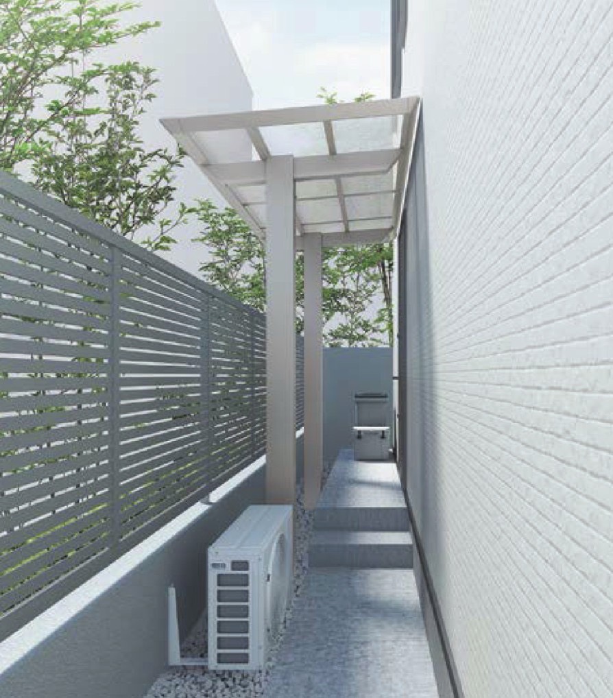 LIXIL　サンルーム　軒下　縁側　洗濯物　モダン　 おしゃれ　エクステリア　愛知・名古屋の外構専門店パートナーホームのエクステリア　製品一覧　テラスVB　柱移動が可能なので障害物がある狭小地でも設置することができます。|パートナーホーム