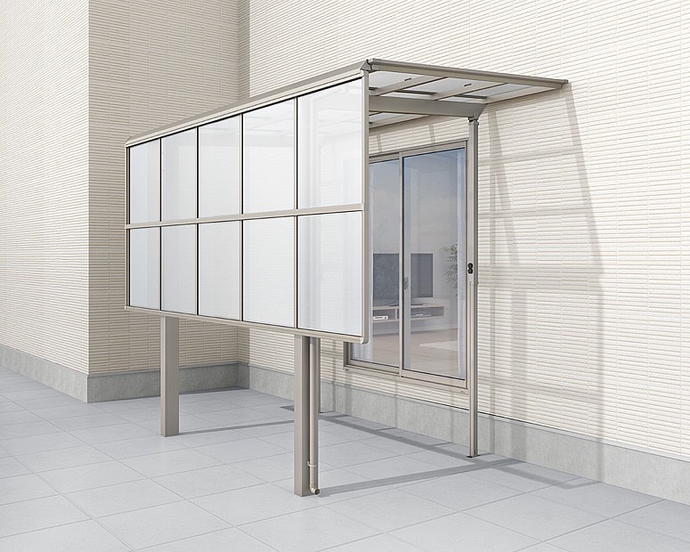 LIXIL　サンルーム　軒下　縁側　洗濯物　モダン　 おしゃれ　エクステリア　愛知・名古屋の外構専門店パートナーホームのエクステリア　製品一覧　フーゴF テラスタイプ　サイドパネル シャイングレー 二段（H：800+800） 18-36型|パートナーホーム