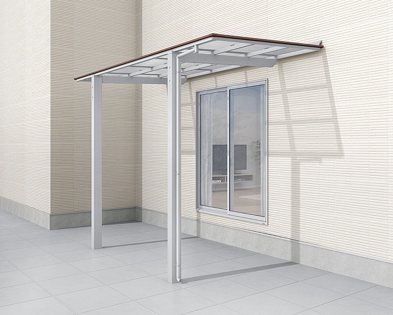 LIXIL　サンルーム　軒下　縁側　洗濯物　モダン　 おしゃれ　エクステリア　愛知・名古屋の外構専門店パートナーホームのエクステリア　製品一覧　フーゴF テラスタイプ　ナチュラルシルバー+クリエモカ 18-36型 屋根材色：クリアマット|パートナーホーム