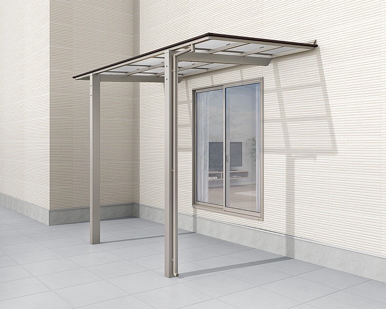 LIXIL　サンルーム　軒下　縁側　洗濯物　モダン　 おしゃれ　エクステリア　愛知・名古屋の外構専門店パートナーホームのエクステリア　製品一覧　フーゴF テラスタイプ　シャイングレー+クリエダーク 18-36型 屋根材色：クリアマット|パートナーホーム