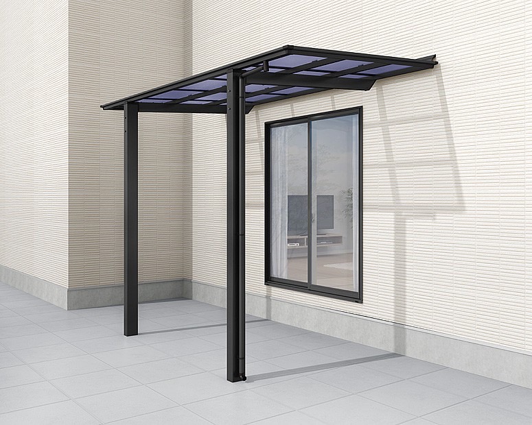 LIXIL　サンルーム　軒下　縁側　洗濯物　モダン　 おしゃれ　エクステリア　愛知・名古屋の外構専門店パートナーホームのエクステリア　製品一覧　フーゴF テラスタイプ　ブラック 18-36型 屋根材色：クリアブルー|パートナーホーム