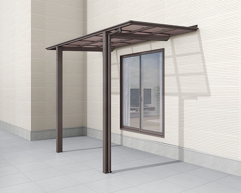 LIXIL　サンルーム　軒下　縁側　洗濯物　モダン　 おしゃれ　エクステリア　愛知・名古屋の外構専門店パートナーホームのエクステリア　製品一覧　フーゴF テラスタイプ　オータムブラウン 18-36型 屋根材色：クリアブラウン|パートナーホーム