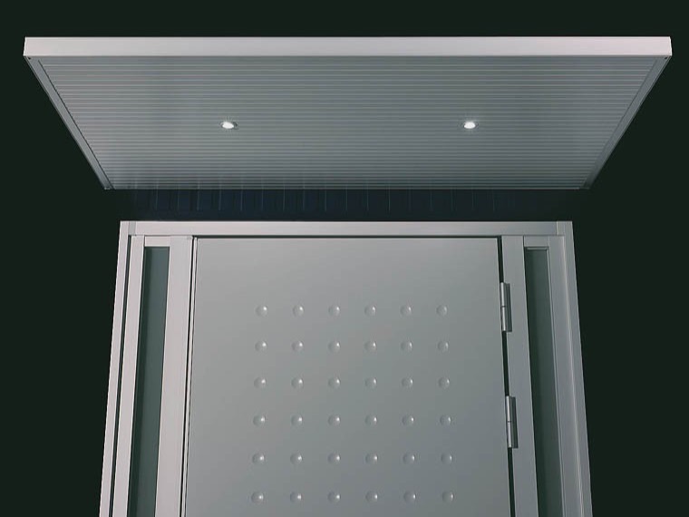 LIXIL　モダンアート【外構エクステリア商品】|LIXIL　ひさし　軒下　縁側　モダン　 おしゃれ　エクステリア　愛知・名古屋の外構専門店パートナーホームのエクステリア　製品一覧　モダンアート　L型玄関照明を、ひさし本体に組み込んだタイプです。 ほんのりと光るホワイトのライトが、モダン住宅の玄関に新たな表情を照らし出します。|パートナーホーム