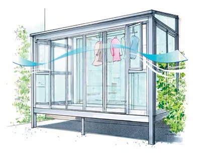 LIXIL　ひさし　軒下　縁側　モダン　 おしゃれ　エクステリア　愛知・名古屋の外構専門店パートナーホームのエクステリア　製品一覧　サニージュ　風をしっかり採り込んで、洗濯物が乾きやすい開口。 効率良く風を採り込む独自の開口仕様。洗濯物を乾きやすくするサニージュならではの機能です。 気候・時間・季節に関わらず、物干し空間の快適性を大幅に向上させます。|パートナーホーム