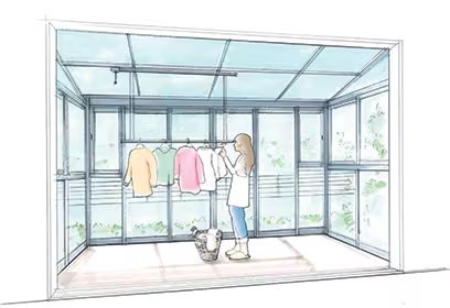 LIXIL　ひさし　軒下　縁側　モダン　 おしゃれ　エクステリア　愛知・名古屋の外構専門店パートナーホームのエクステリア　製品一覧　サニージュ　目線の高さで干せます。|パートナーホーム