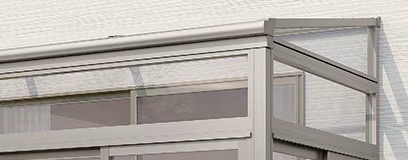 LIXIL　ひさし　軒下　縁側　モダン　 おしゃれ　エクステリア　愛知・名古屋の外構専門店パートナーホームのエクステリア　製品一覧　サニージュ　F型 シンプルでどんなデザインにも調和する直線形状 ※ハーフ囲い納まり・オープン納まりは、F型のみです。|パートナーホーム