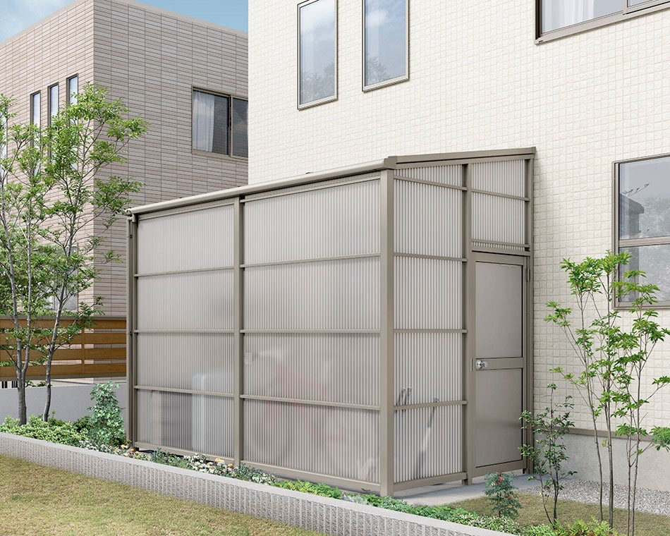 LIXIL　ひさし　軒下　縁側　ガーデンスペース　物置　洗濯　モダン　 おしゃれ　エクステリア　愛知・名古屋の外構専門店パートナーホームのエクステリア　製品一覧　スピーネストックヤード　F型　ﾔｰﾄﾞ仕様600ﾀｲﾌﾟ　2間6尺　ｼｬｲﾝｸﾞﾚｰ|パートナーホーム