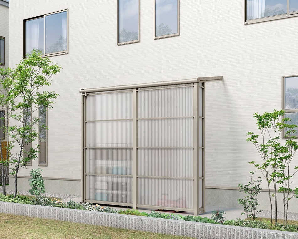 LIXIL　ひさし　軒下　縁側　ガーデンスペース　物置　洗濯　モダン　 おしゃれ　エクステリア　愛知・名古屋の外構専門店パートナーホームのエクステリア　製品一覧　スピーネストックヤード　F型　袖壁仕様600ﾀｲﾌﾟ　1.5間4尺　ｼｬｲﾝｸﾞﾚｰ|パートナーホーム