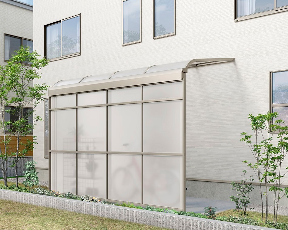 LIXIL　ひさし　軒下　縁側　ガーデンスペース　物置　洗濯　モダン　 おしゃれ　エクステリア　愛知・名古屋の外構専門店パートナーホームのエクステリア　製品一覧　スピーネストックヤード　R型_ｽｸﾘｰﾝ仕様600ﾀｲﾌﾟ_2間6尺_ｼｬｲﾝｸﾞﾚｰ|パートナーホーム