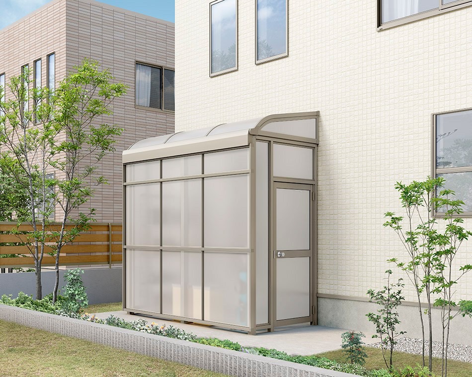 LIXIL　ひさし　軒下　縁側　ガーデンスペース　物置　洗濯　モダン　 おしゃれ　エクステリア　愛知・名古屋の外構専門店パートナーホームのエクステリア　製品一覧　スピーネストックヤード　R型_ﾔｰﾄﾞ仕様600ﾀｲﾌﾟ_1.5間4尺_ｼｬｲﾝｸﾞﾚｰ|パートナーホーム