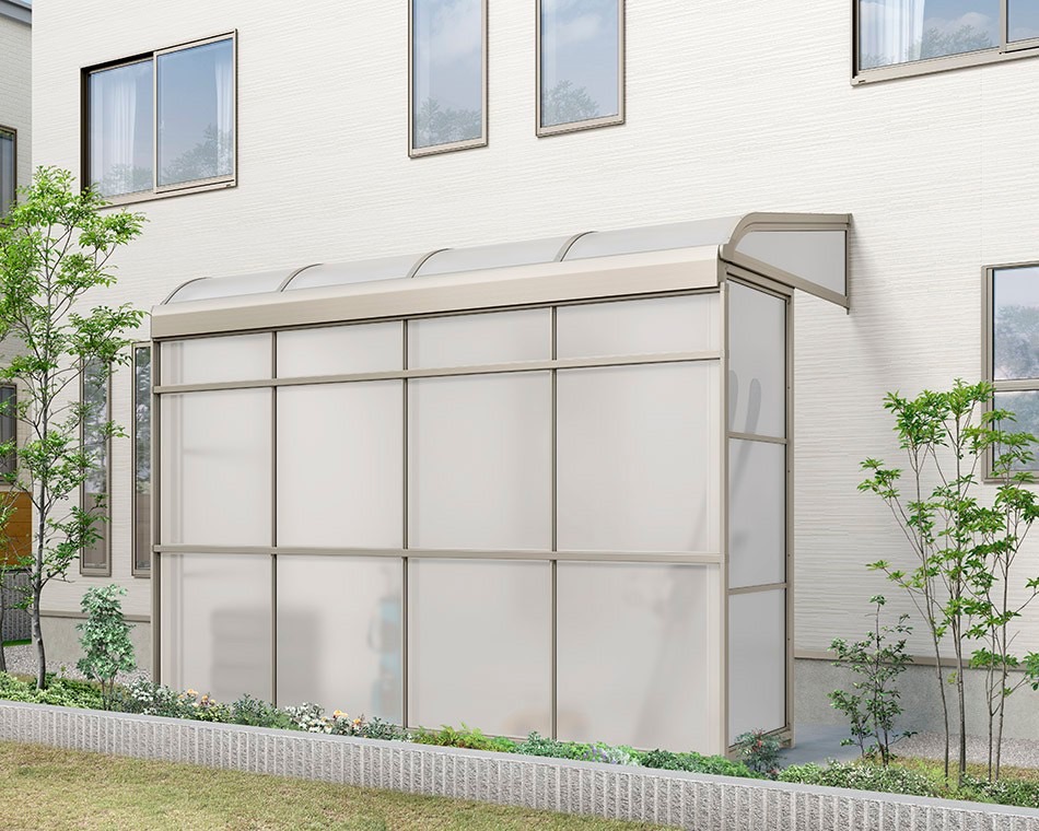 LIXIL　ひさし　軒下　縁側　ガーデンスペース　物置　洗濯　モダン　 おしゃれ　エクステリア　愛知・名古屋の外構専門店パートナーホームのエクステリア　製品一覧　スピーネストックヤード　R型_袖壁仕様600ﾀｲﾌﾟ_2間6尺_ｼｬｲﾝｸﾞﾚｰ|パートナーホーム