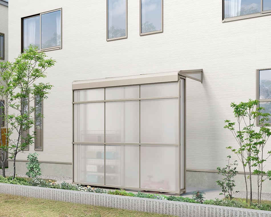 LIXIL　ひさし　軒下　縁側　ガーデンスペース　物置　洗濯　モダン　 おしゃれ　エクステリア　愛知・名古屋の外構専門店パートナーホームのエクステリア　製品一覧　スピーネストックヤード　F型　袖壁仕様600ﾀｲﾌﾟ　1.5間4尺　ｼｬｲﾝｸﾞﾚｰ|パートナーホーム