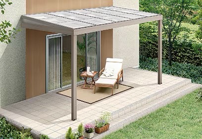 LIXIL　ひさし　軒下　縁側　ガーデンスペース　ガーデンルーム　ワンランク上　モダン　 おしゃれ　エクステリア　愛知・名古屋の外構専門店パートナーホームのエクステリア　製品一覧　ジーマ　テラスタイプ　折戸パネルが無く、屋根と柱だけのオープンテラスです。|パートナーホーム