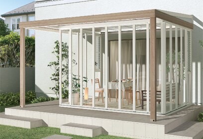 LIXIL　ひさし　軒下　縁側　ガーデンスペース　ガーデンルーム　ワンランク上　モダン　 おしゃれ　エクステリア　愛知・名古屋の外構専門店パートナーホームのエクステリア　製品一覧　ジーマ　軒プラスタイプ ジーマの屋根を外へ拡張し、ルームに軒下空間をつくります。|パートナーホーム