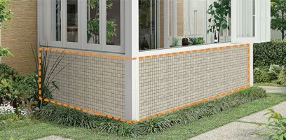 LIXIL　ひさし　軒下　縁側　ガーデンスペース　ガーデンルーム　ワンランク上　モダン　 おしゃれ　エクステリア　愛知・名古屋の外構専門店パートナーホームのエクステリア　製品一覧　暖蘭物語　腰壁は、一般のコンクリートブロックと表面仕上げによる施工です。表面仕上げは市販されている、お好みのタイルまたは塗り材よりお選びください。 ※表面仕上げ材の厚さには制限があります。|パートナーホーム