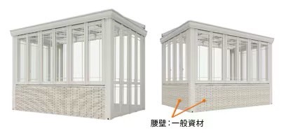 LIXIL　ひさし　軒下　縁側　ガーデンスペース　ガーデンルーム　ワンランク上　モダン　 おしゃれ　エクステリア　愛知・名古屋の外構専門店パートナーホームのエクステリア　製品一覧　暖蘭物語　腰壁タイプ　Aタイプ　L字腰壁+フルガラス仕様|パートナーホーム