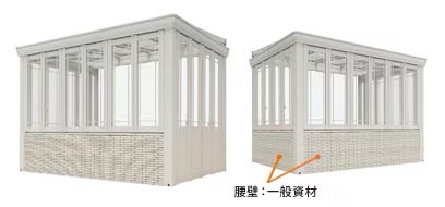 LIXIL　ひさし　軒下　縁側　ガーデンスペース　ガーデンルーム　ワンランク上　モダン　 おしゃれ　エクステリア　愛知・名古屋の外構専門店パートナーホームのエクステリア　製品一覧　暖蘭物語　腰壁タイプ　Aタイプ　L字腰壁+デザインパネル仕様|パートナーホーム