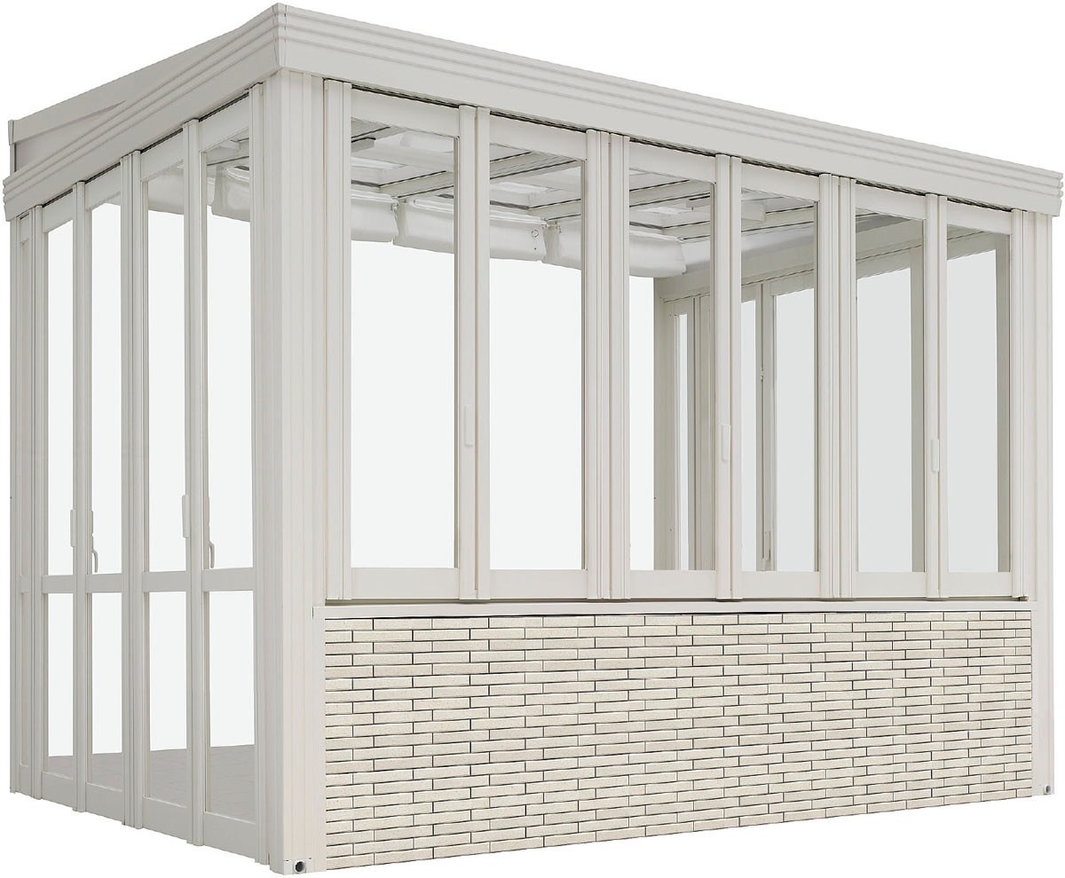 LIXIL　ひさし　軒下　縁側　ガーデンスペース　ガーデンルーム　ワンランク上　モダン　 おしゃれ　エクステリア　愛知・名古屋の外構専門店パートナーホームのエクステリア　製品一覧　暖蘭物語　腰壁タイプ　Bタイプ　前面腰壁 +フルガラス仕様|パートナーホーム