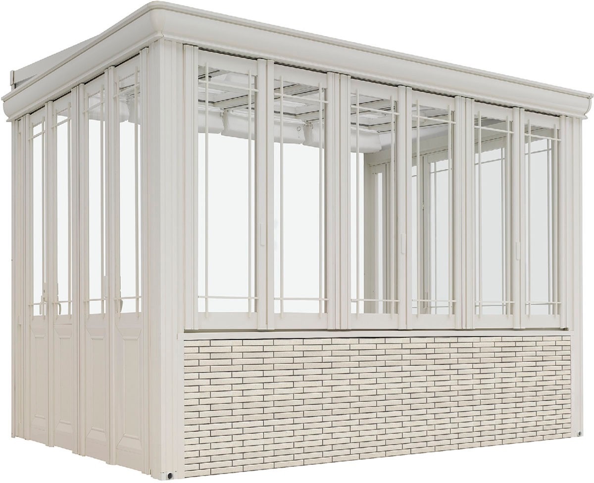 LIXIL　ひさし　軒下　縁側　ガーデンスペース　ガーデンルーム　ワンランク上　モダン　 おしゃれ　エクステリア　愛知・名古屋の外構専門店パートナーホームのエクステリア　製品一覧　暖蘭物語　腰壁タイプ　Aタイプ　前面腰壁 +デザインパネル仕様|パートナーホーム