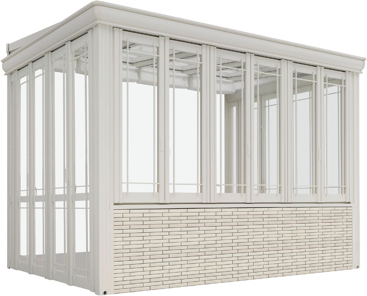 LIXIL　ひさし　軒下　縁側　ガーデンスペース　ガーデンルーム　ワンランク上　モダン　 おしゃれ　エクステリア　愛知・名古屋の外構専門店パートナーホームのエクステリア　製品一覧　暖蘭物語　腰壁タイプ　Aタイプ　前面腰壁+フルガラス仕様|パートナーホーム