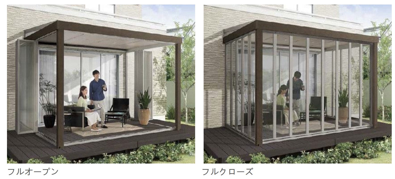 LIXIL　ひさし　軒下　縁側　ガーデンスペース　ガーデンルーム　ワンランク上　モダン　 おしゃれ　エクステリア　愛知・名古屋の外構専門店パートナーホームのエクステリア　製品一覧　ジーマ　季節や用途に合わせて自由なスタイルで開閉できる折戸パネル。 パネル枠を極限まで細くしたシンプルなデザイン、細部にまでこだわった仕様で、ワンランク上の開放感をお楽しみいただけます。|パートナーホーム