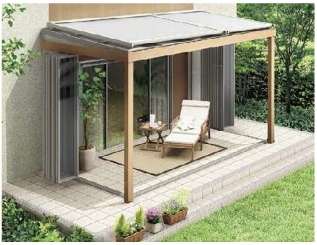 LIXIL　ひさし　軒下　縁側　ガーデンスペース　ガーデンルーム　ワンランク上　モダン　 おしゃれ　エクステリア　愛知・名古屋の外構専門店パートナーホームのエクステリア　製品一覧　ジーマ　外部日除け 屋根上に後からでも取り付けられる日除 けです。 ガーデンルーム内からリモコンで開閉で きる電動タイプもご用意しています。|パートナーホーム