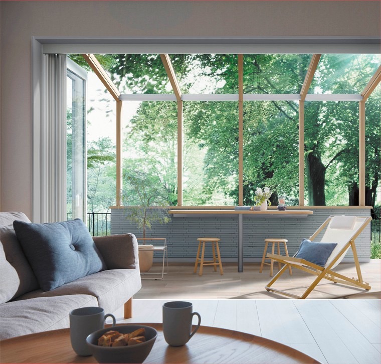 LIXIL　ひさし　軒下　縁側　ガーデンスペース　ガーデンルーム　ワンランク上　モダン　 おしゃれ　エクステリア　愛知・名古屋の外構専門店パートナーホームのエクステリア　製品一覧　ココマ　北欧のカフェ空間を再現したい。 美しい素材感のオーク色でナチュラルなテイストに仕立てたココマ。 小物を飾ることができる腰壁、コーヒーアイテムや花などを置けるカウンターテーブル。 理想のカフェ空間のでき上がりです。|パートナーホーム