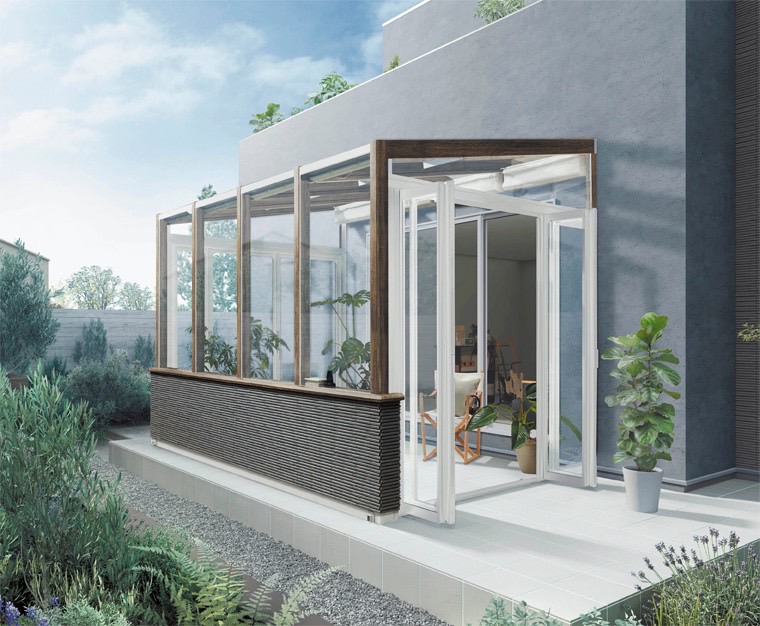 LIXIL　ひさし　軒下　縁側　ガーデンスペース　ガーデンルーム　ワンランク上　モダン　 おしゃれ　エクステリア　愛知・名古屋の外構専門店パートナーホームのエクステリア　製品一覧　ココマ　プライベートタイムを満喫したい。 外からの視線を遮る腰壁に、シックな色合いのタイルを組み合わせて、落ち着きのある空間を構成。 こだわりの楽器やアンプ、スピーカーに囲まれて、心ゆくまで音楽を楽しめます。|パートナーホーム