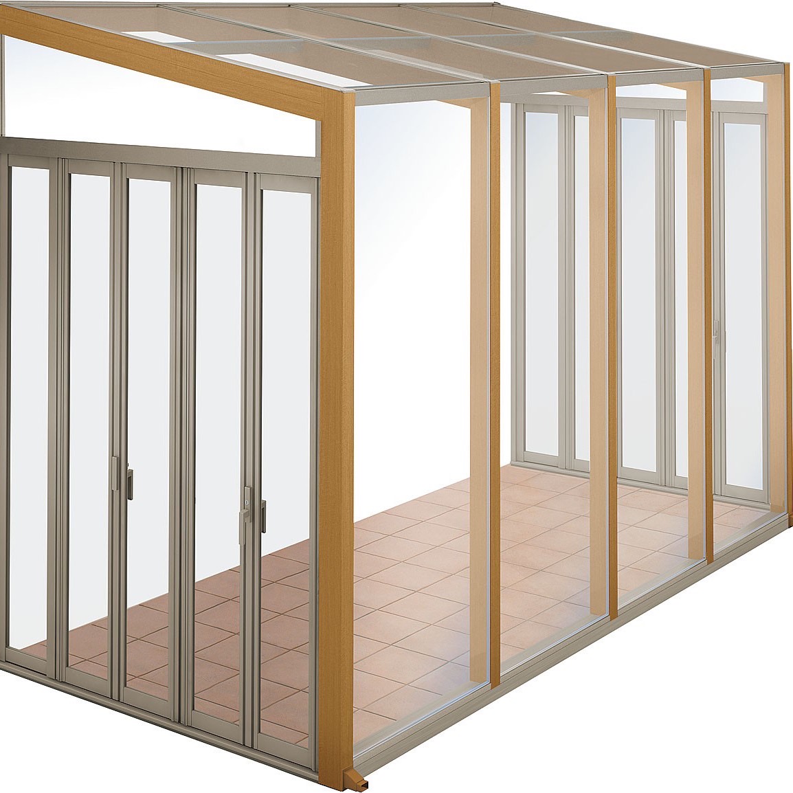 LIXIL　ひさし　軒下　縁側　ガーデンスペース　ガーデンルーム　ワンランク上　モダン　 おしゃれ　エクステリア　愛知・名古屋の外構専門店パートナーホームのエクステリア　製品一覧　ココマ　ガーデンルームタイプ　シャイングレー＋チェリーウッド 2.0✕6尺　床：土間仕様|パートナーホーム