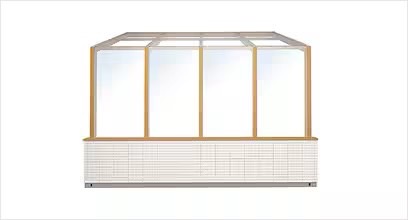 LIXIL　ひさし　軒下　縁側　ガーデンスペース　ガーデンルーム　ワンランク上　モダン　 おしゃれ　エクステリア　愛知・名古屋の外構専門店パートナーホームのエクステリア　製品一覧　ココマ　サイドスルータイプ　エントランスゾーンなどにも最適な腰壁付きのタイプ。|パートナーホーム