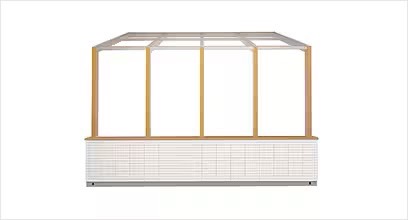 LIXIL　ひさし　軒下　縁側　ガーデンスペース　ガーデンルーム　ワンランク上　モダン　 おしゃれ　エクステリア　愛知・名古屋の外構専門店パートナーホームのエクステリア　製品一覧　ココマ　オープンテラスタイプ　テラス空間を使いやすく仕切る、腰壁付きのタイプ。|パートナーホーム