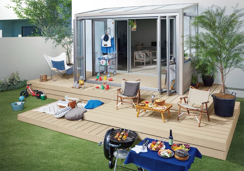 LIXIL　ひさし　軒下　縁側　ガーデンスペース　ガーデンルーム　ワンランク上　モダン　 おしゃれ　エクステリア　愛知・名古屋の外構専門店パートナーホームのエクステリア　製品一覧　ガーデンルームGF　PLAN01|パートナーホーム