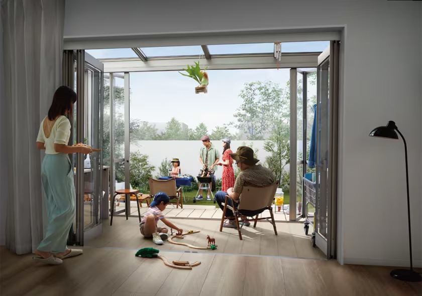 LIXIL　ひさし　軒下　縁側　ガーデンスペース　ガーデンルーム　ワンランク上　モダン　 おしゃれ　エクステリア　愛知・名古屋の外構専門店パートナーホームのエクステリア　製品一覧　ガーデンルームGF　広々デッキで庭との一体感を デッキへ続く2面が開放できるので、ファミリーでBBQを楽しむことが可能。隣家側に腰壁を配置して、視界にも配慮。|パートナーホーム