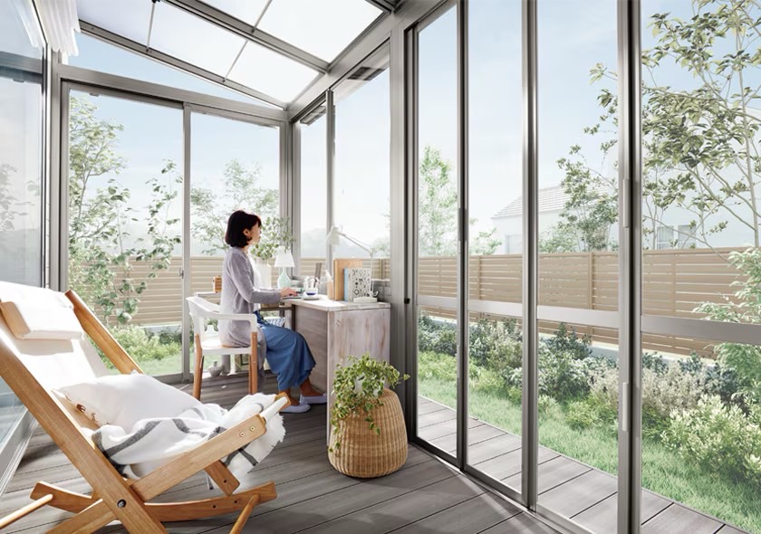 LIXIL　ひさし　軒下　縁側　ガーデンスペース　ガーデンルーム　ワンランク上　モダン　 おしゃれ　エクステリア　愛知・名古屋の外構専門店パートナーホームのエクステリア　製品一覧　ガーデンルームGF　PLAN03|パートナーホーム