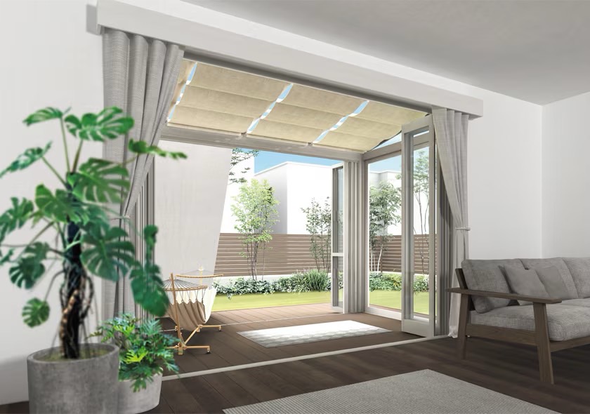 LIXIL　ひさし　軒下　縁側　ガーデンスペース　ガーデンルーム　ワンランク上　モダン　 おしゃれ　エクステリア　愛知・名古屋の外構専門店パートナーホームのエクステリア　製品一覧　ガーデンルームGF　心地よい風に包まれる開放感 庭との一体感を楽しめる開放感のあるプラン。折戸を開け放てば、うららかな日差しが降り注ぐ風の通り道に。|パートナーホーム