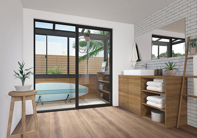 LIXIL　ひさし　軒下　縁側　ガーデンスペース　ガーデンルーム　ワンランク上　モダン　 おしゃれ　エクステリア　愛知・名古屋の外構専門店パートナーホームのエクステリア　製品一覧　ガーデンルームGF　外遊びと室内の中継地点 外遊びやガーデニングのスマートな中継地点。内面床をタイルデッキにすることで、趣味の楽しさが広がります。|パートナーホーム